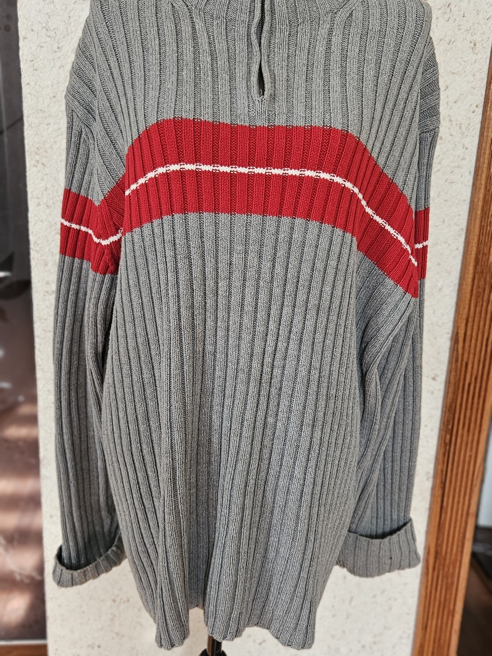 Eddie Bauer Gray Ribbed Crewneck Sweater with Red Stripe